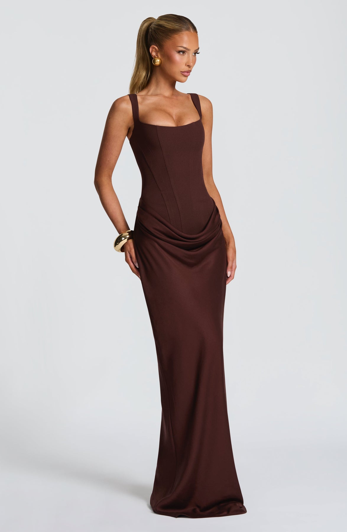 Corset Bodice Square Neck Draped Hip Sleeveless Maxi Dress 4