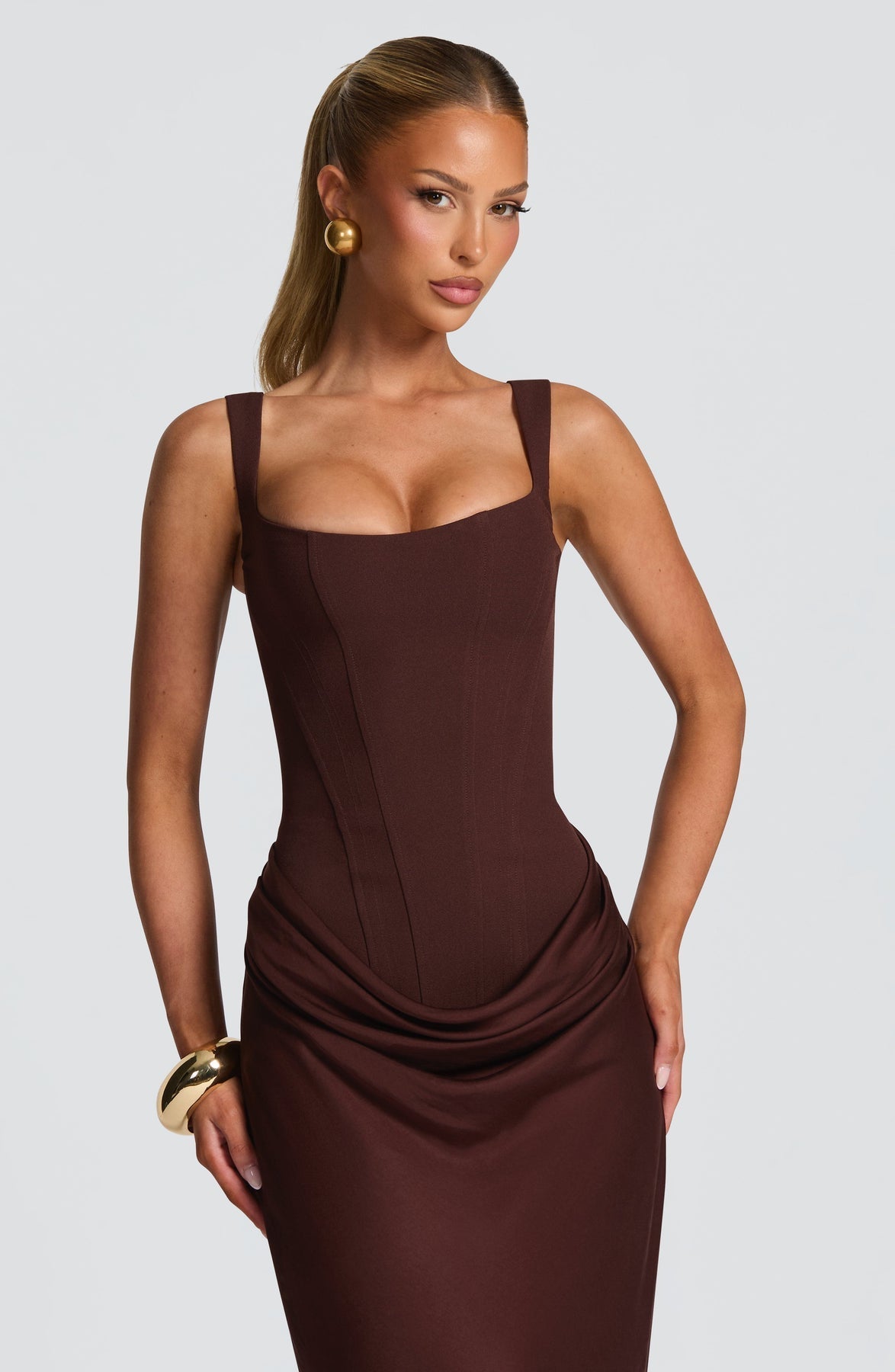 Corset Bodice Square Neck Draped Hip Sleeveless Maxi Dress 5