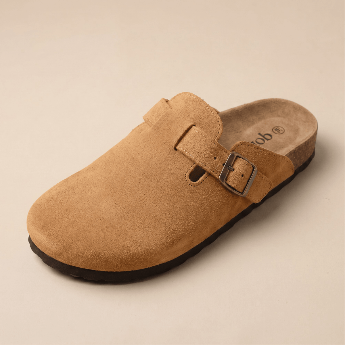 Suede Buckle Strap Closed Toe Clog Mules