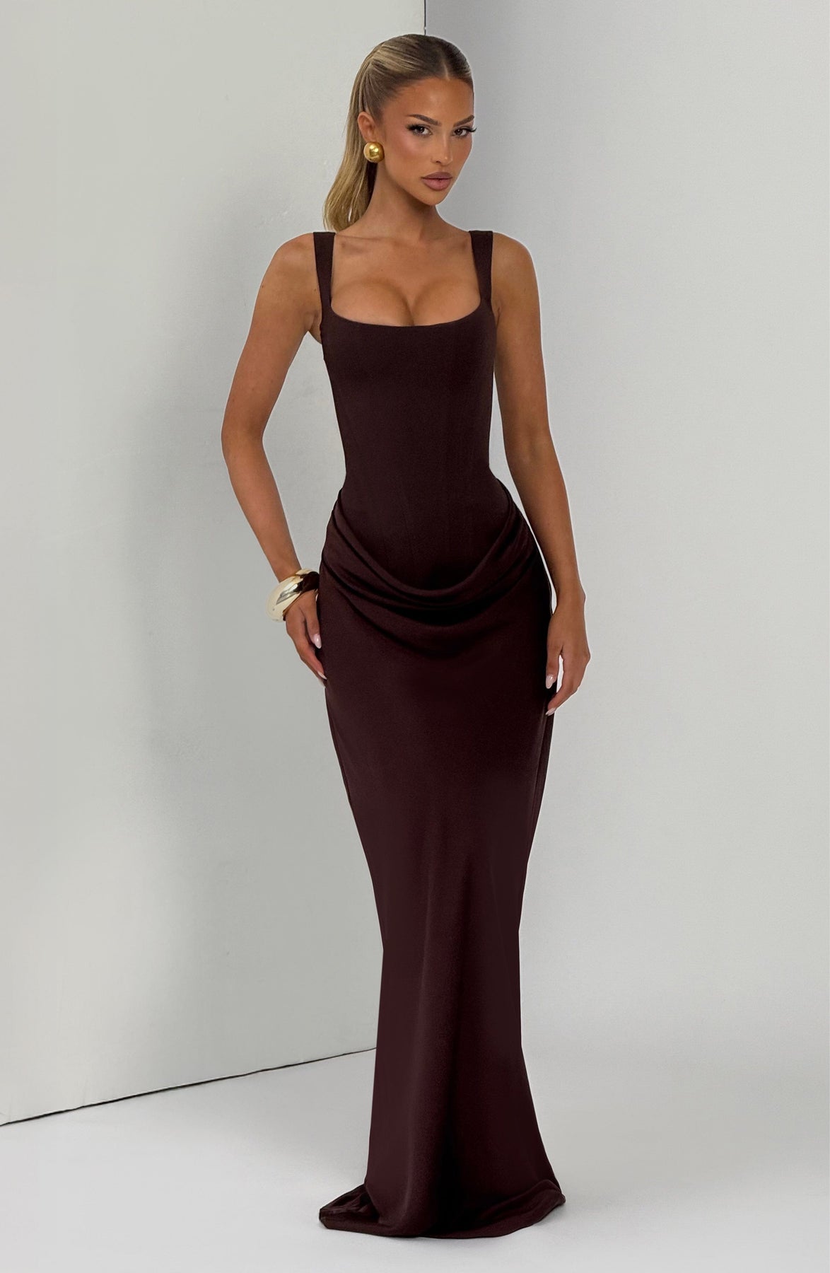 Corset Bodice Square Neck Draped Hip Sleeveless Maxi Dress 8