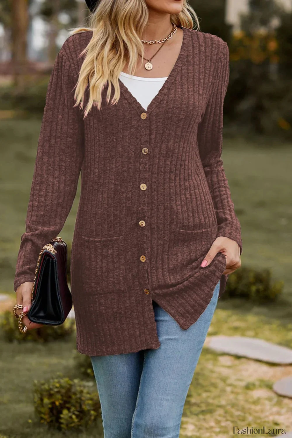 Brushed Ribbed Long Sleeve Cardigan