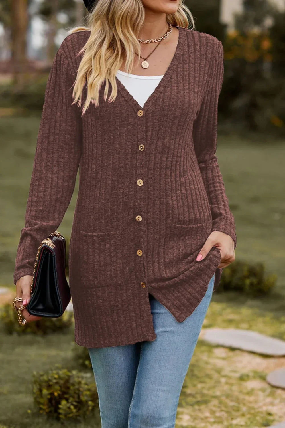 Brushed Ribbed Long Sleeve Cardigan