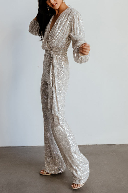 Sequin Draped Belted Puff Sleeve Wide Leg Jumpsuit