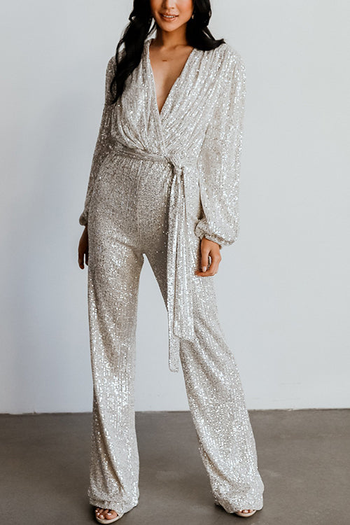 Sequin Draped Belted Puff Sleeve Wide Leg Jumpsuit