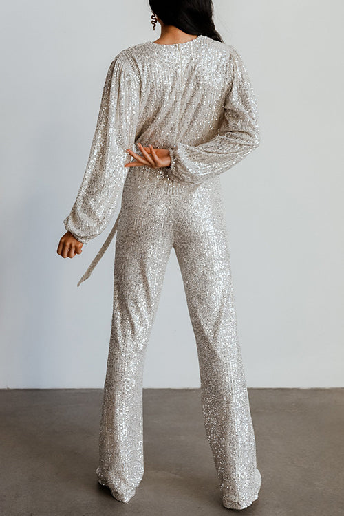 Sequin Draped Belted Puff Sleeve Wide Leg Jumpsuit