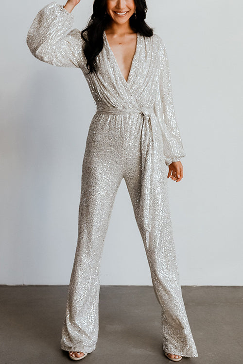 Sequin Draped Belted Puff Sleeve Wide Leg Jumpsuit
