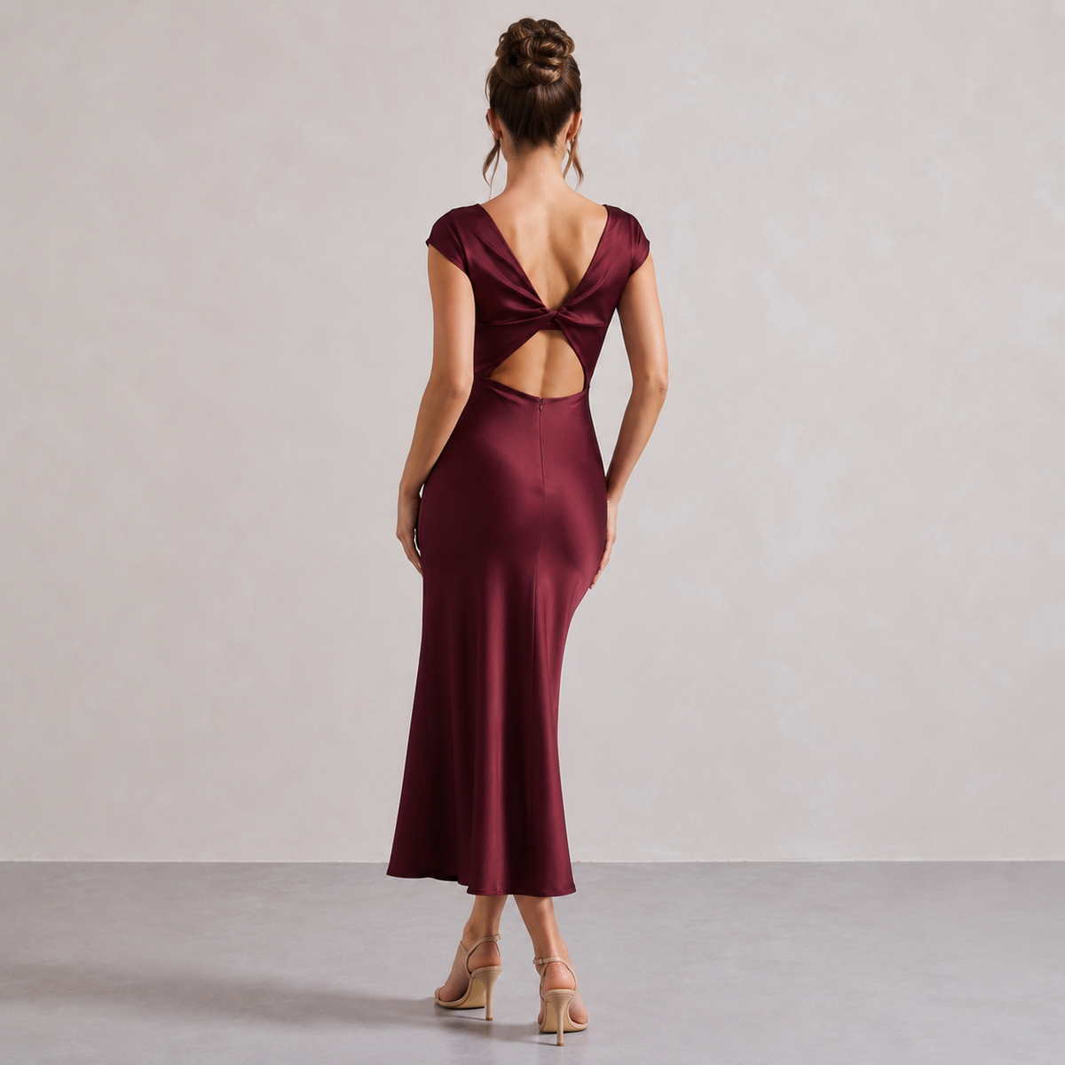 Satin Cowl Neck Cap Sleeve High Split Midi Dress 9