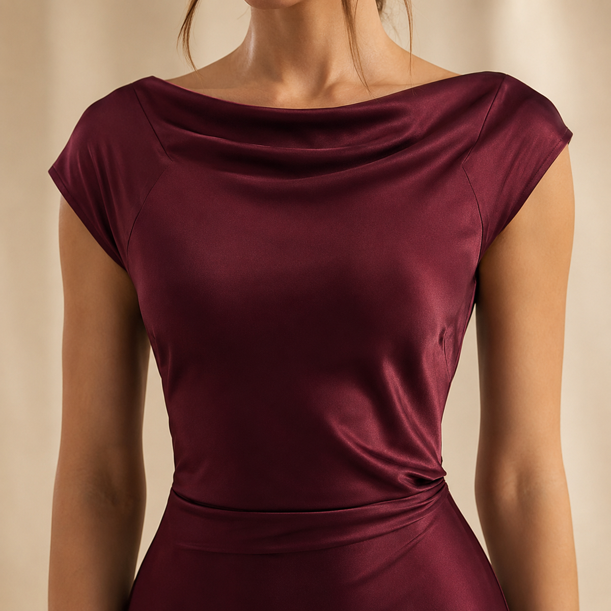 Satin Cowl Neck Cap Sleeve High Split Midi Dress 8