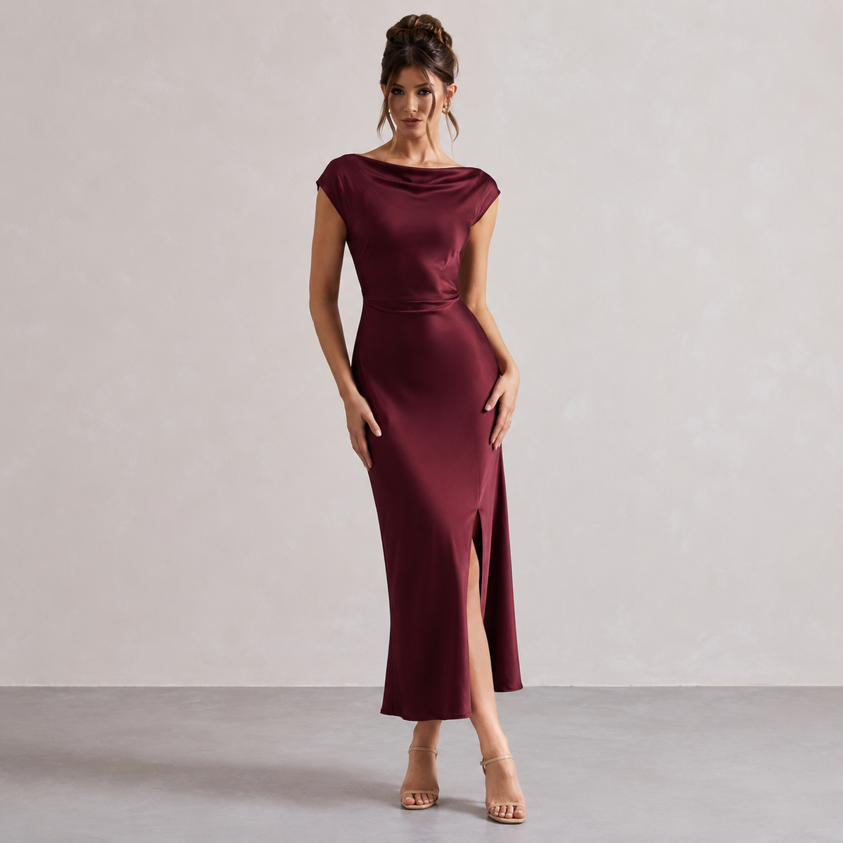 Satin Cowl Neck Cap Sleeve High Split Midi Dress 7