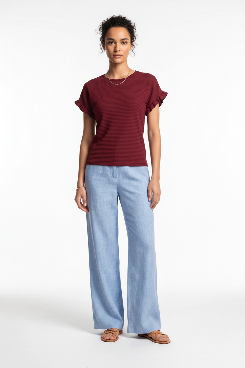 Charming Textured Ruffle Sleeve T-Shirt with Soft Fabric and Relaxed F