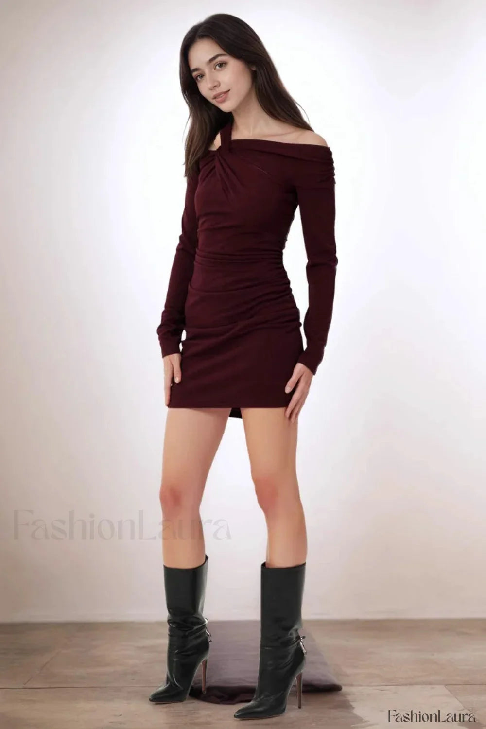 Burgundy Off-Shoulder Knot Long Sleeve Bodycon Work Dress