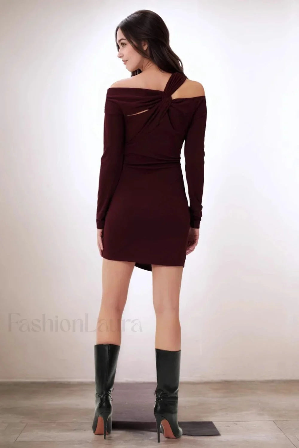 Burgundy Off-Shoulder Knot Long Sleeve Bodycon Work Dress