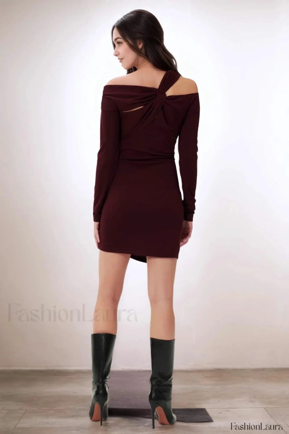 Burgundy Off-Shoulder Knot Long Sleeve Bodycon Work Dress
