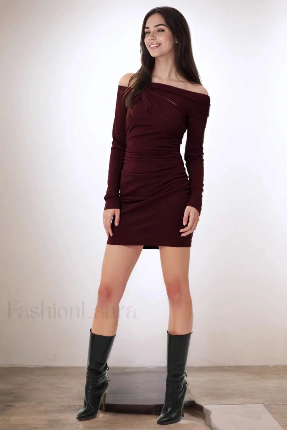 Burgundy Off-Shoulder Knot Long Sleeve Bodycon Work Dress