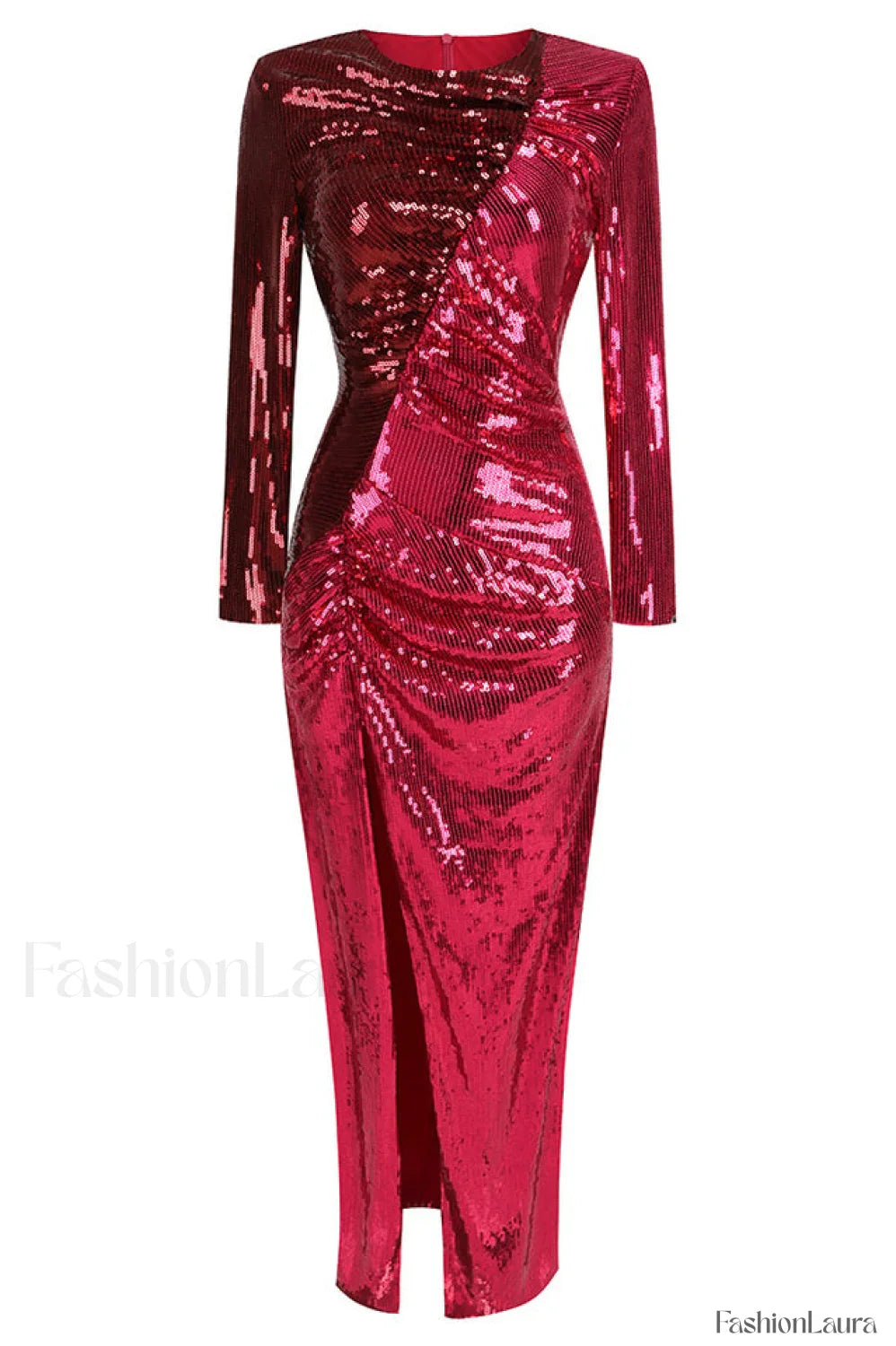 Burgundy Ruched Stylish Sequined Maxi Dress