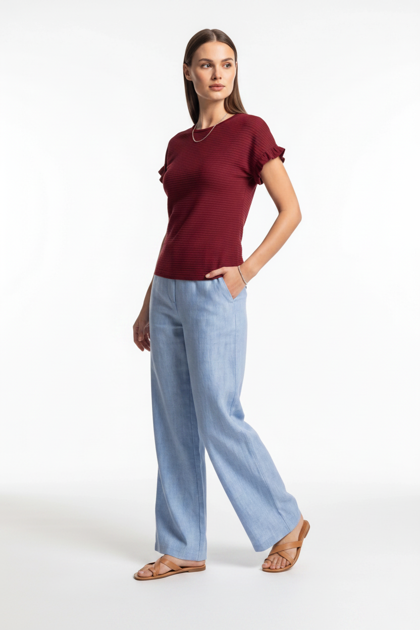 Charming Textured Ruffle Sleeve T-Shirt with Soft Fabric and Relaxed F - Jamota