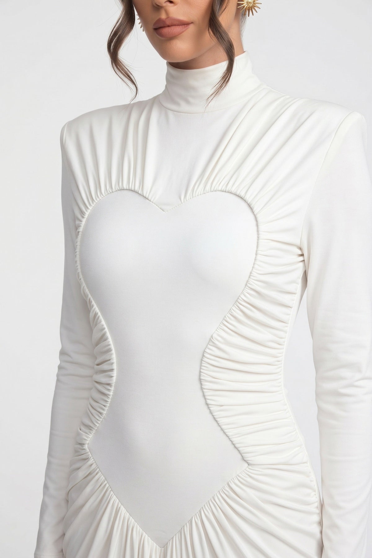 Mock Neck Long Sleeve Heart Panel Ruched Draped Maxi Gown 4