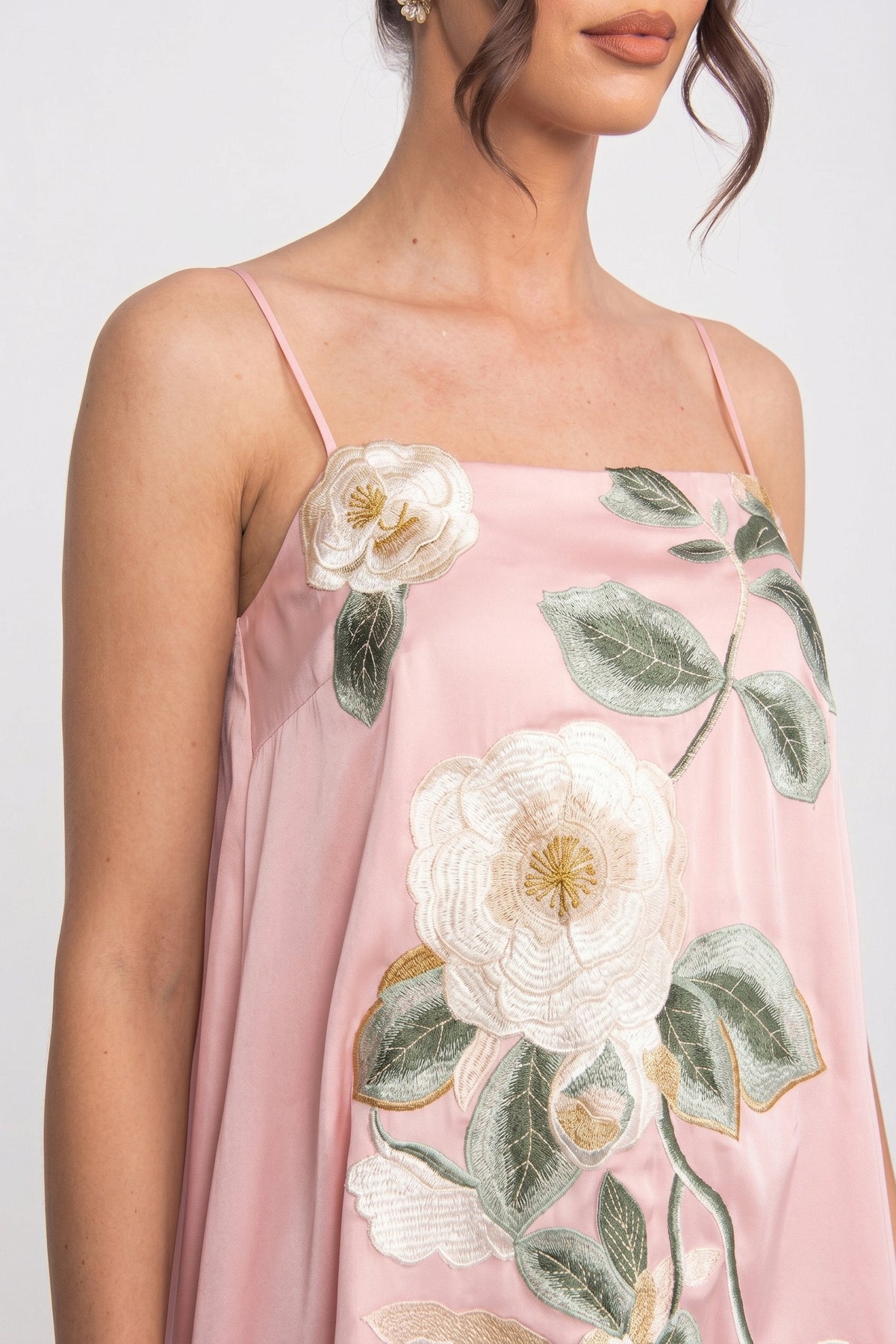 Satin Floral Applique Square Neck Spaghetti Strap Swing Mini Dress 6