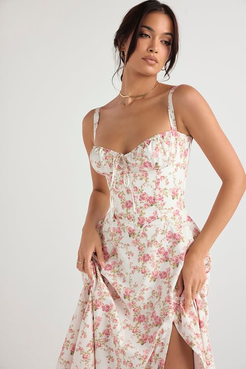 Floral Print Sweetheart Bustier Spaghetti Strap High Split Midi Dress