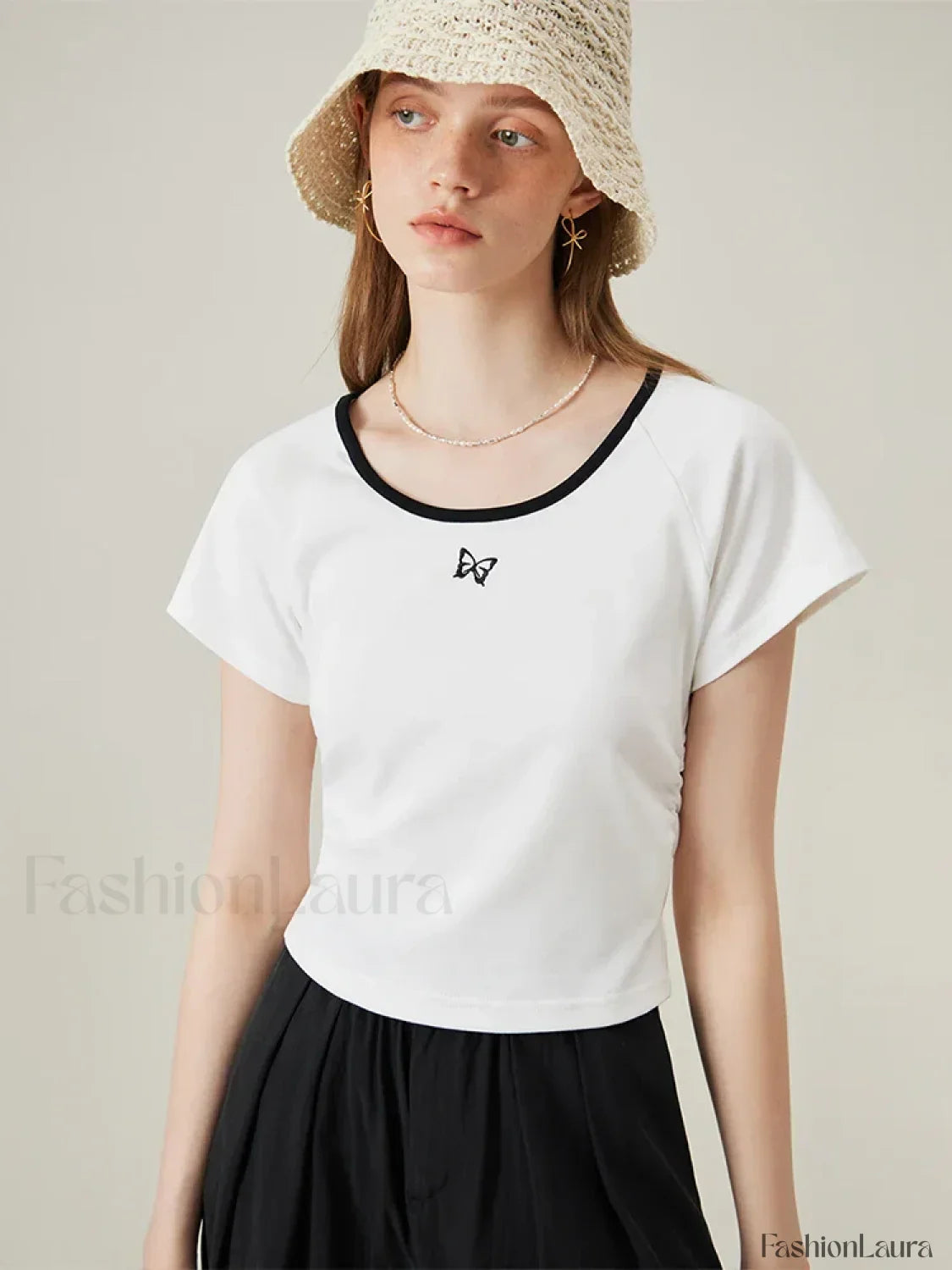 Butterfly Embroidered Raglan Sleeve T-Shirt