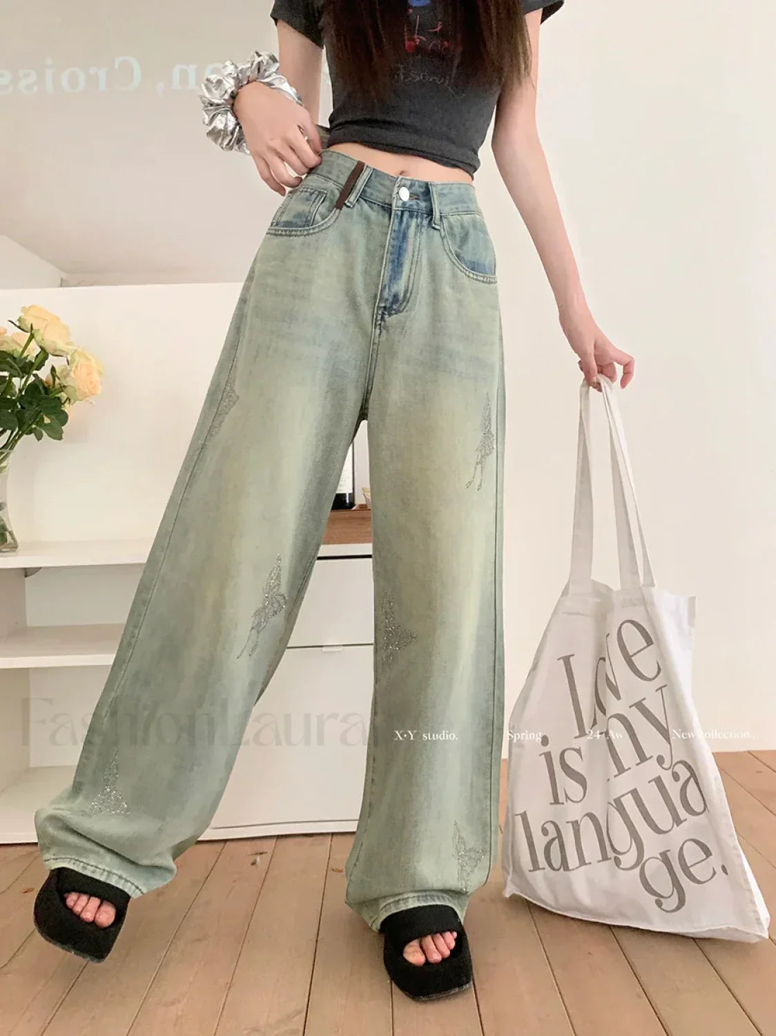 Butterfly Hot Diamond Wide-leg Vintage Jeans