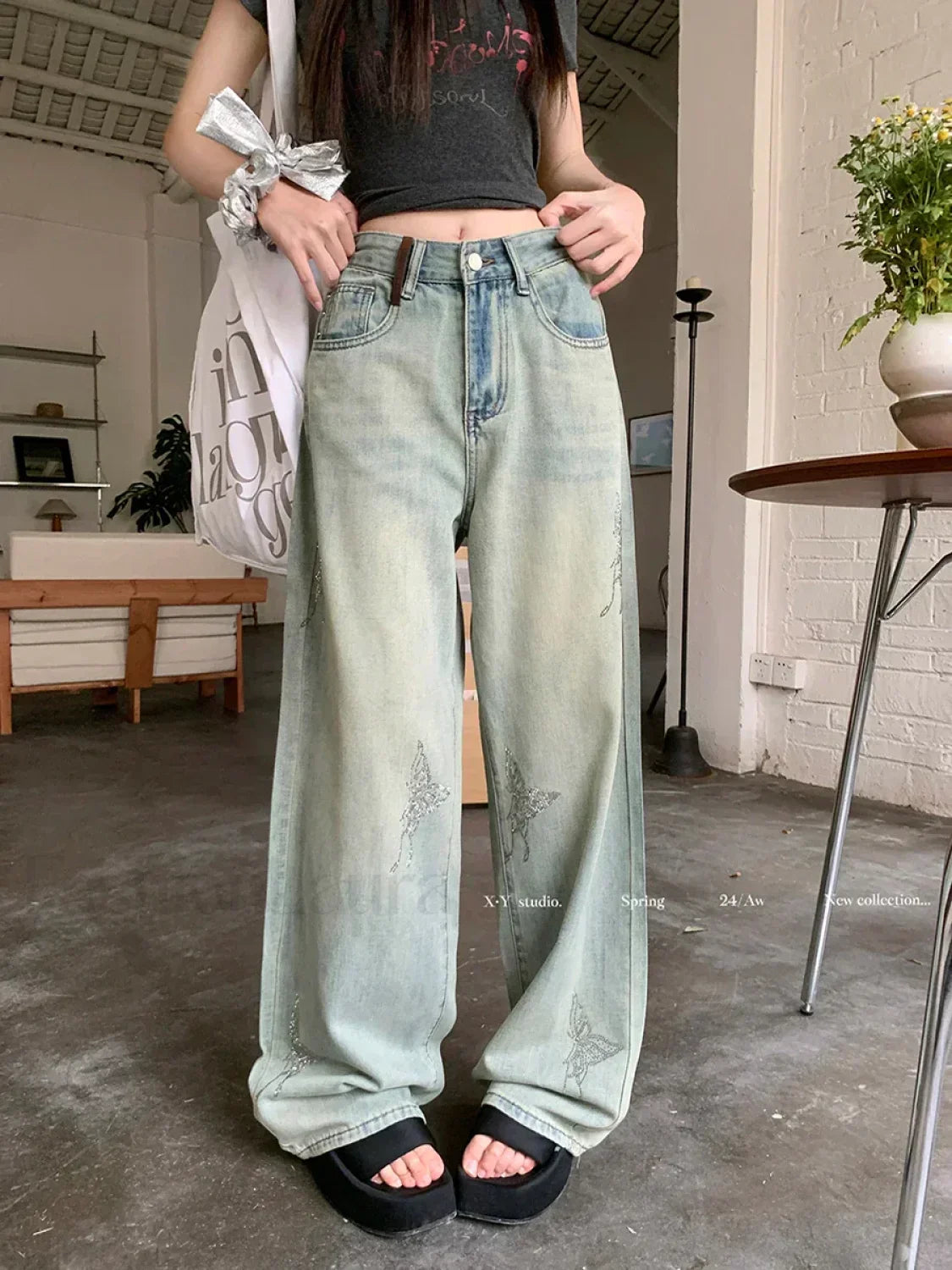 Butterfly Hot Diamond Wide-leg Vintage Jeans