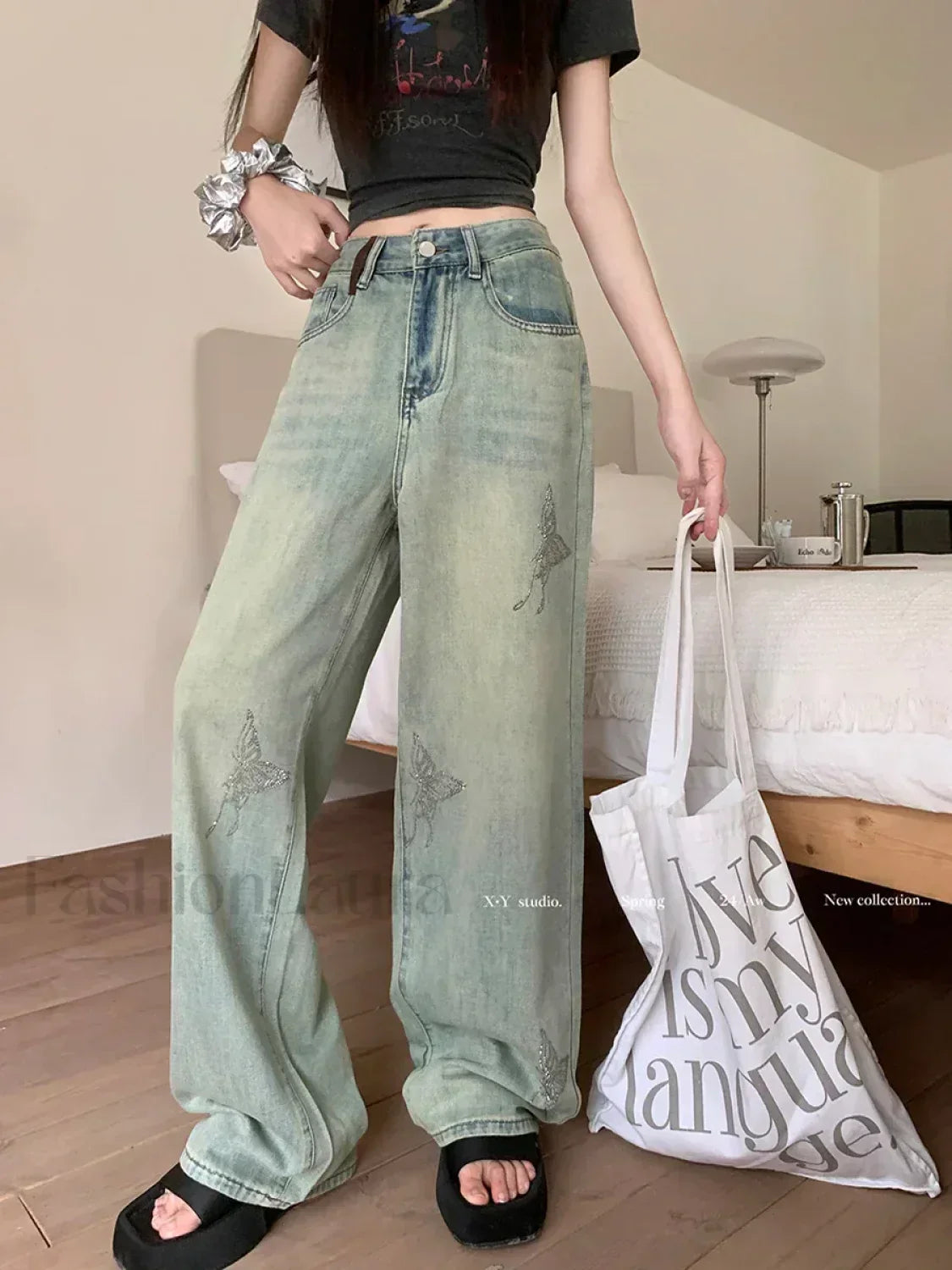 Butterfly Hot Diamond Wide-leg Vintage Jeans