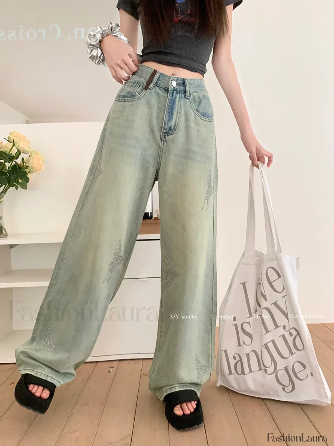 Butterfly Hot Diamond Wide-leg Vintage Jeans
