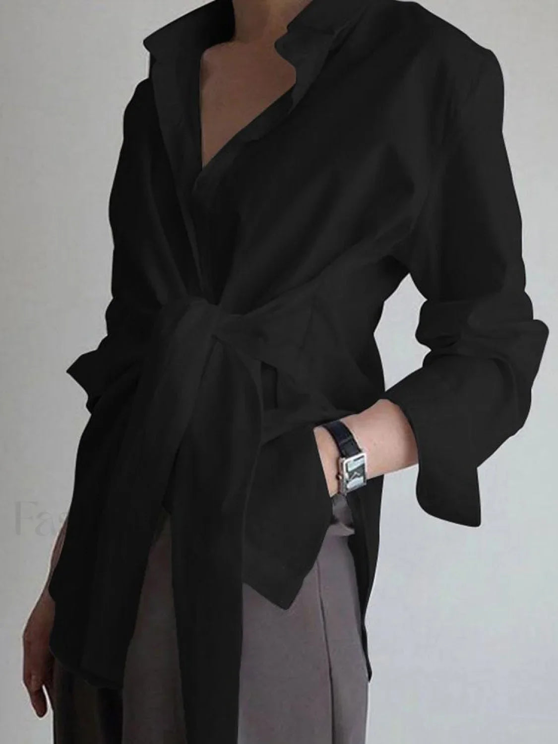 Button Down Graceful Tied Long Shirt Black / XS Shirts