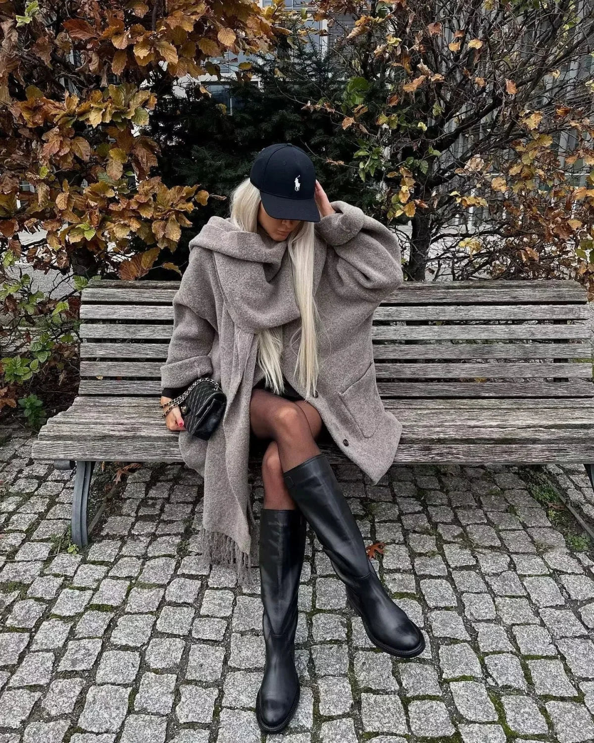 Button Down Pocket Coat Modern with Matching Tassel Scarf