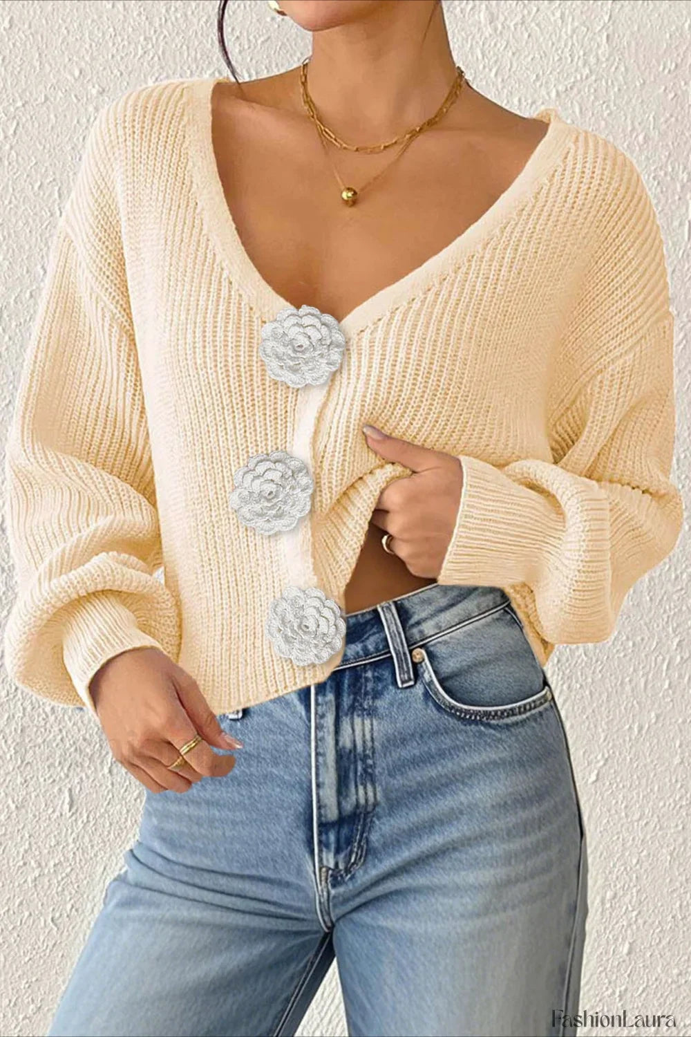 Button Front Crochet Knit Crop Sweater