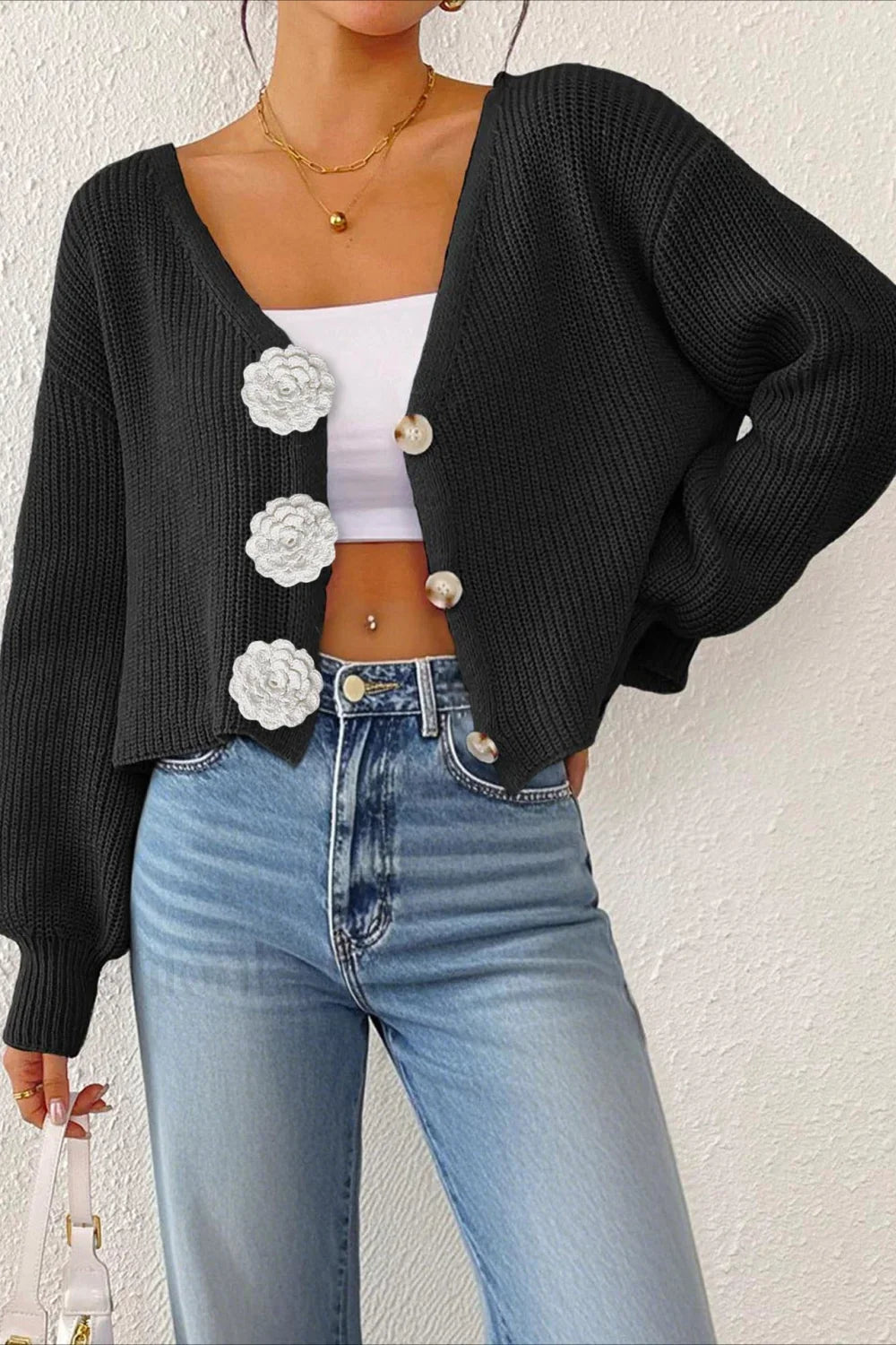 Button Front Crochet Knit Crop Sweater