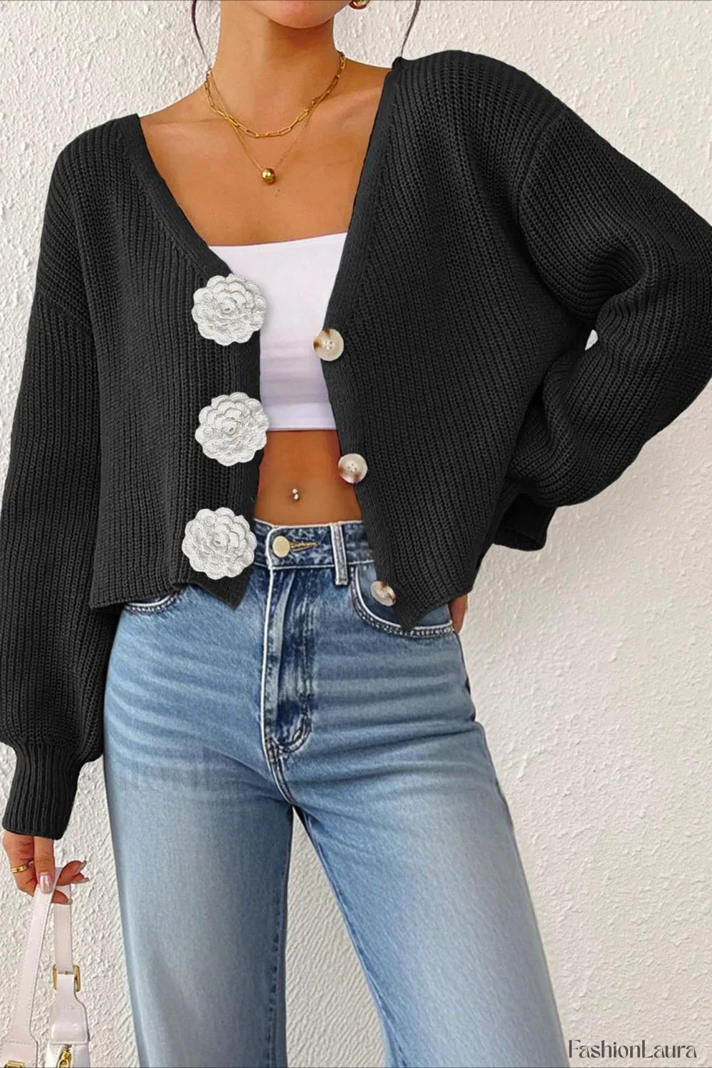 Button Front Crochet Knit Crop Sweater
