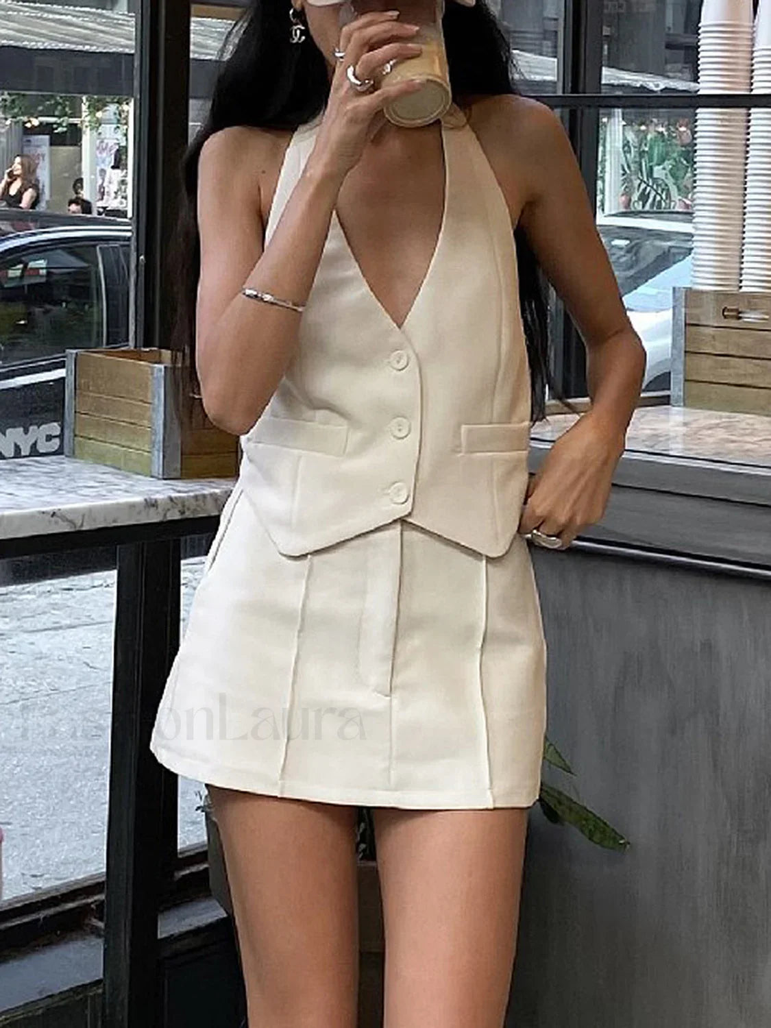 Button Front Halter Neck Backless Classic Vest Blazer With Skirt Set Apricot / XS Skirt Sets