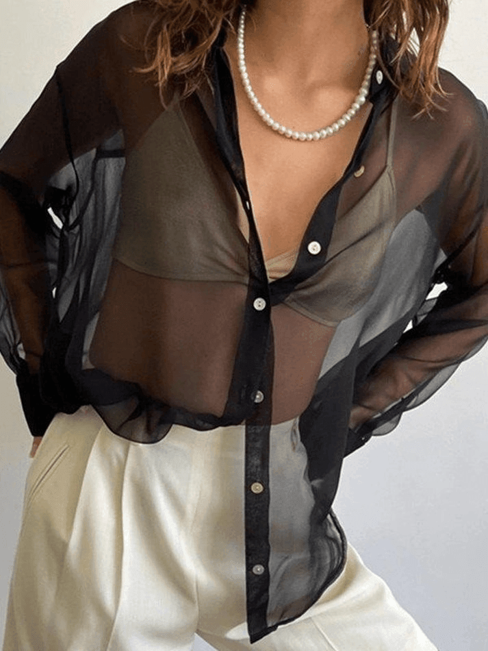 Sheer Chiffon Button Front Long Sleeve Oversized Shirt 4
