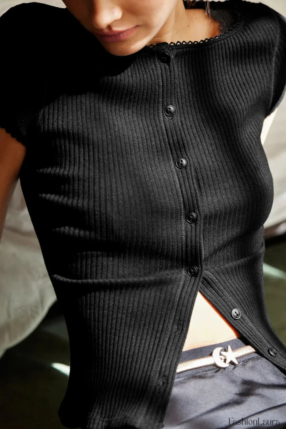 Button Short Sleeve Ribbed Cardigan