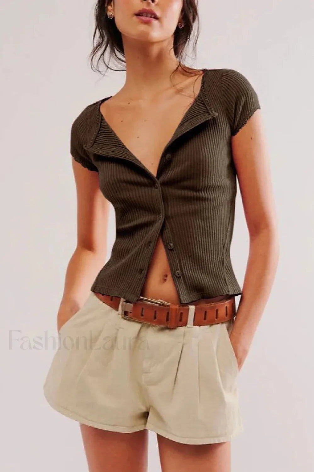 Button Short Sleeve Ribbed Cardigan Grey / XS