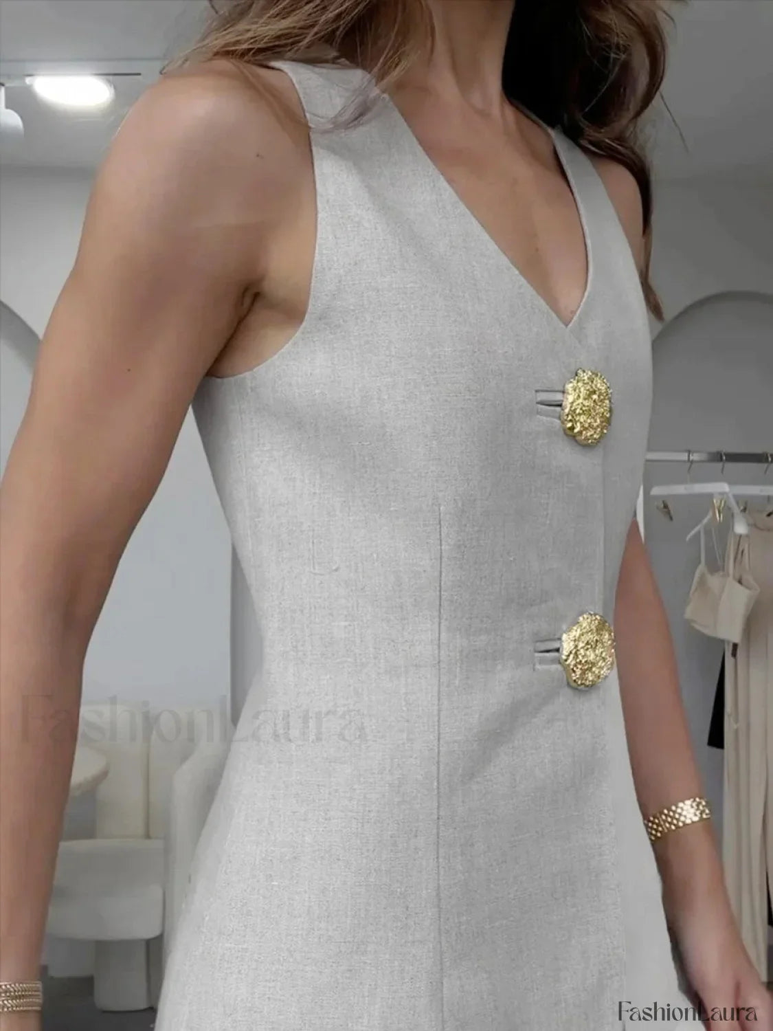 Button Split Sleeveless Pants Set