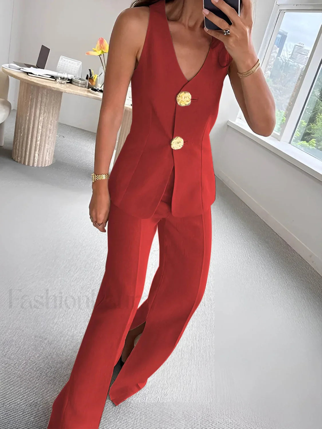 Button Split Sleeveless Pants Set Red / XS Pant Sets