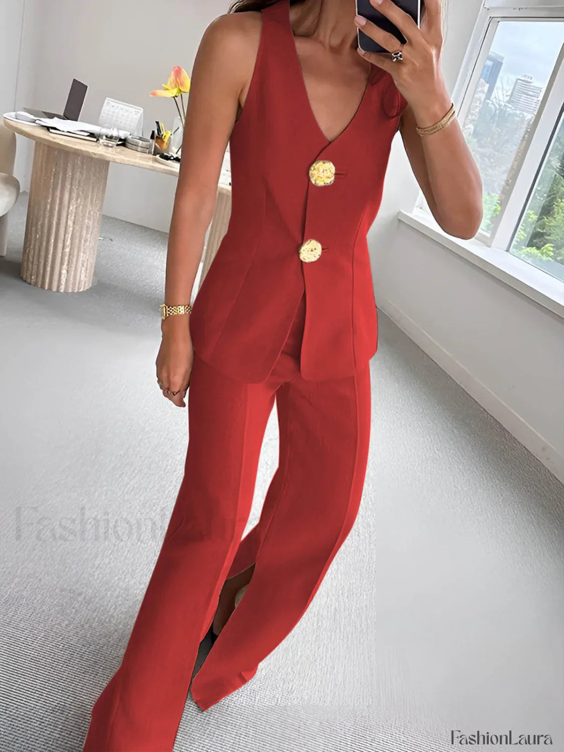 Button Split Sleeveless Pants Set