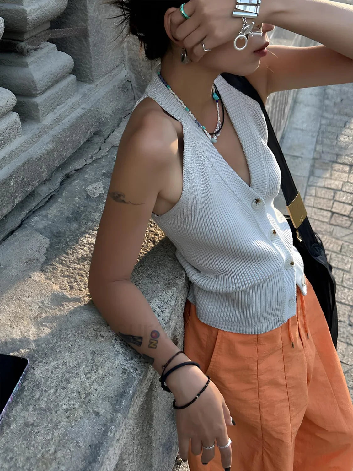 Button V Neck Knit Vest Light Grey / XS Sweater Vests