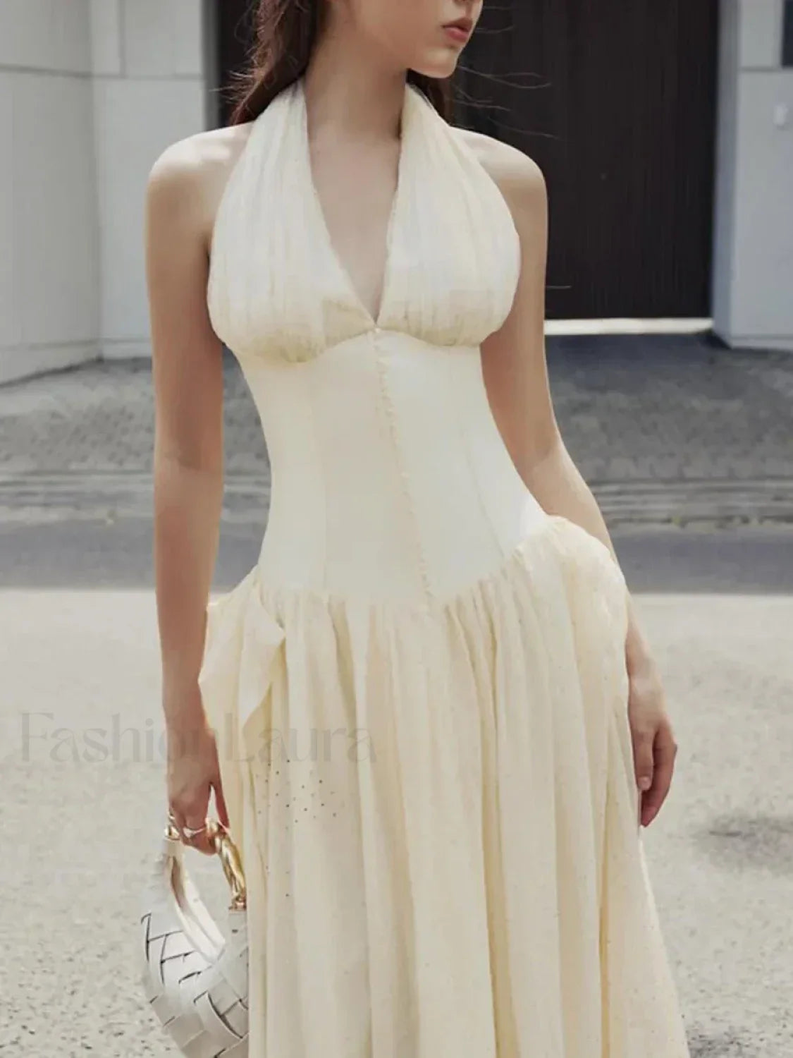 Buttoned Patchwork V Neck Maxi Dress