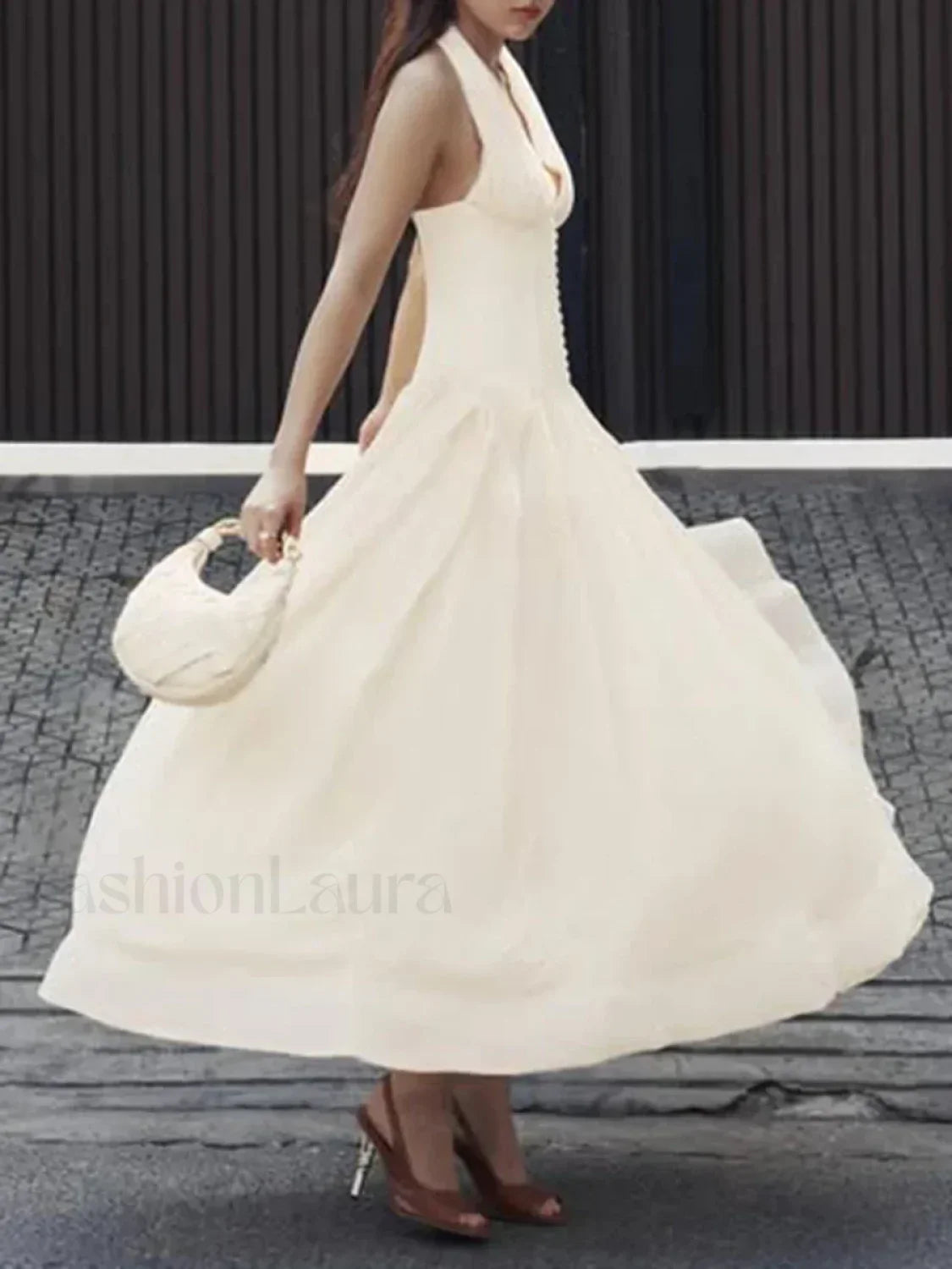 Buttoned Patchwork V Neck Maxi Dress