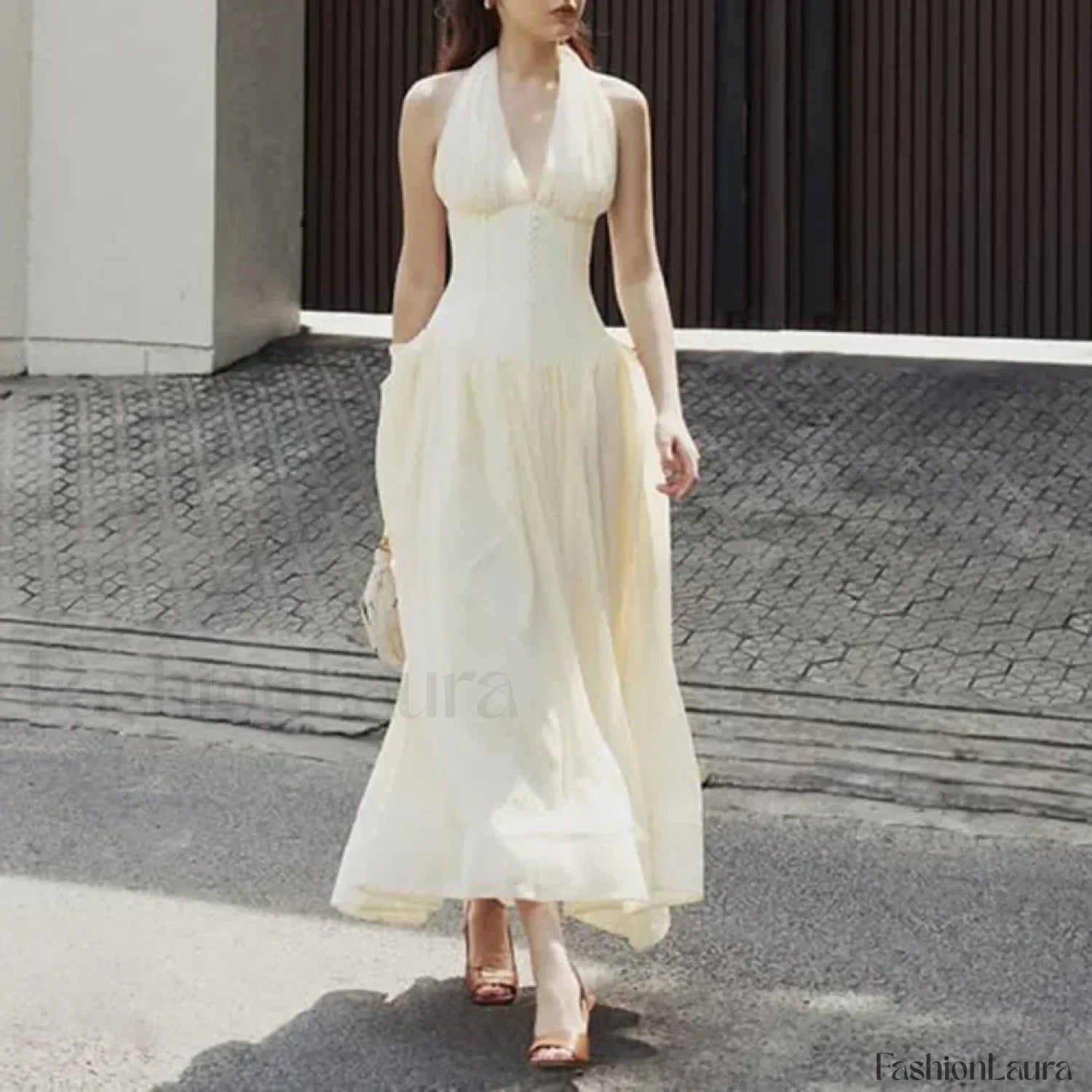 Buttoned Patchwork V Neck Maxi Dress