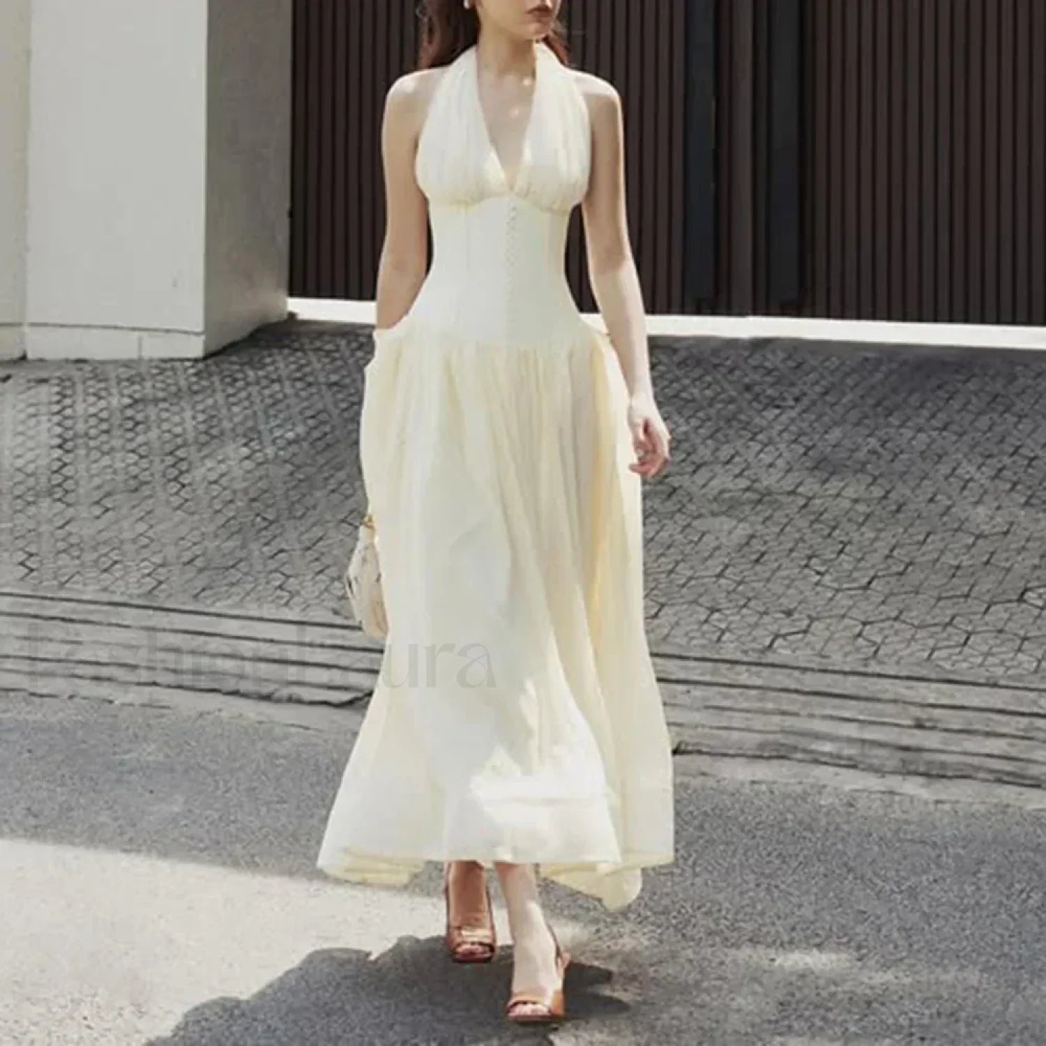 Buttoned Patchwork V Neck Maxi Dress