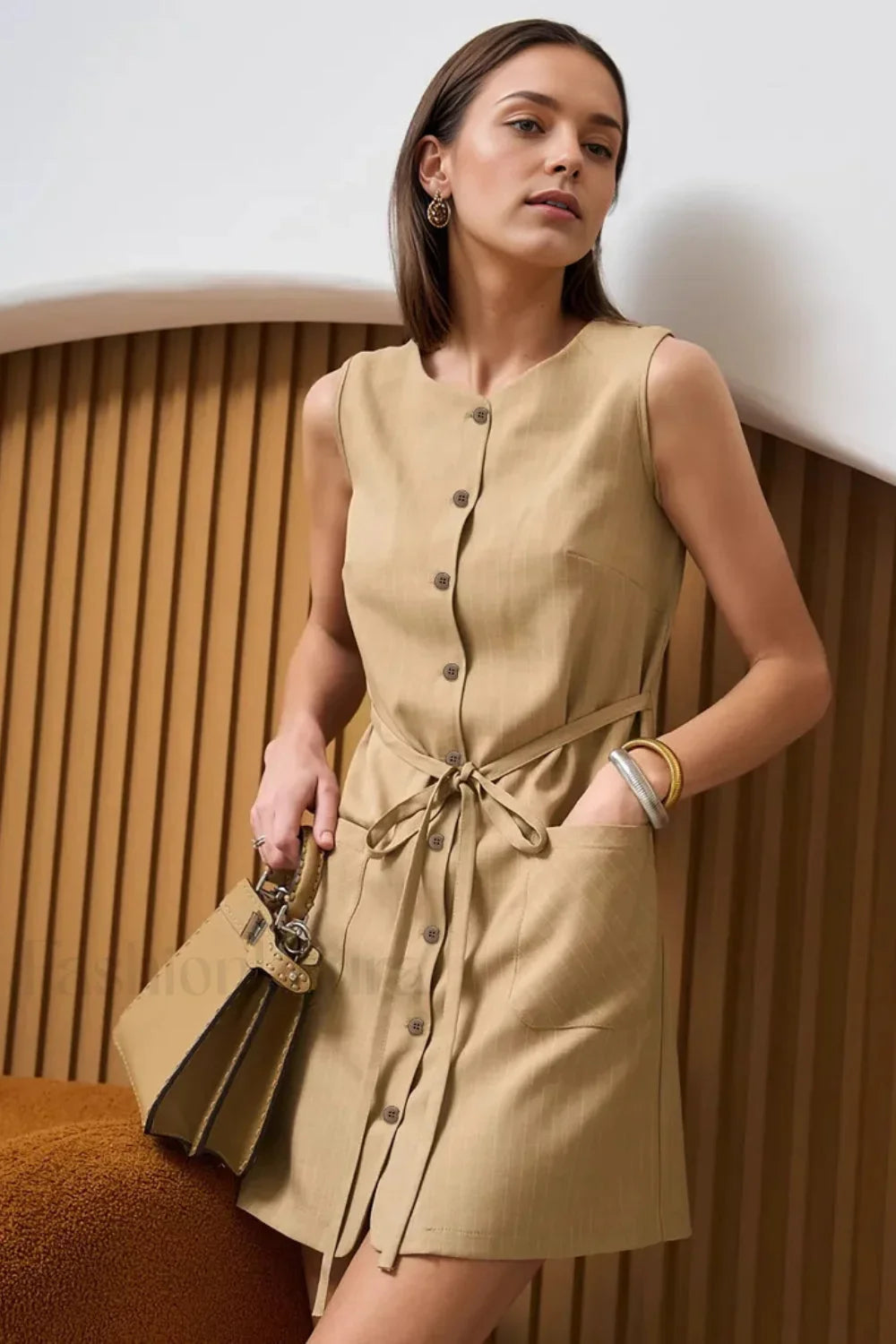 Buttoned Tie Sleeveless Round Neck Work Dress