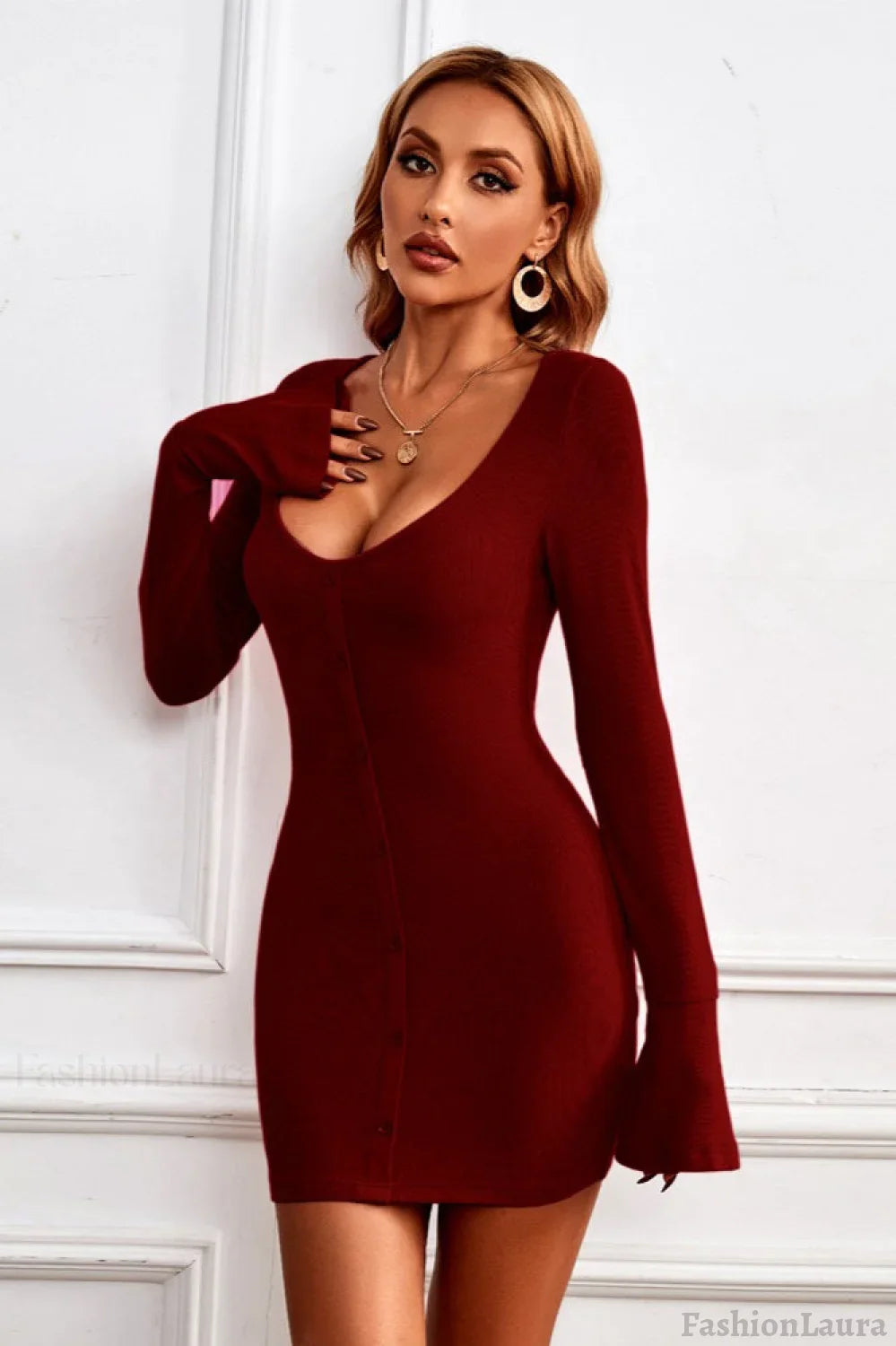 Buttoned U-Neck Bodycon Sweater Dress