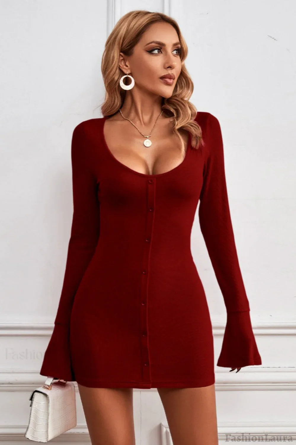 Buttoned U-Neck Bodycon Sweater Dress S / Red