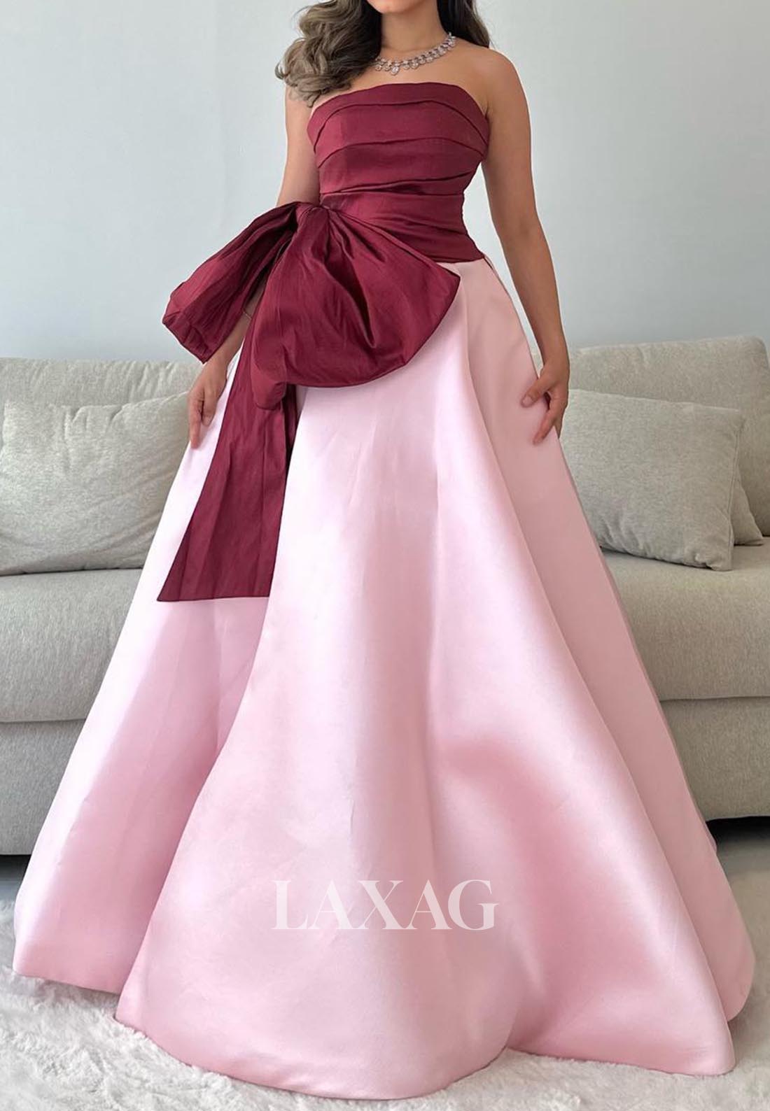 Sleeveless Off-Shoulder Pleated Satin Formal Gowns Tube Top Two Tone A-Line Evening Dress with Bows