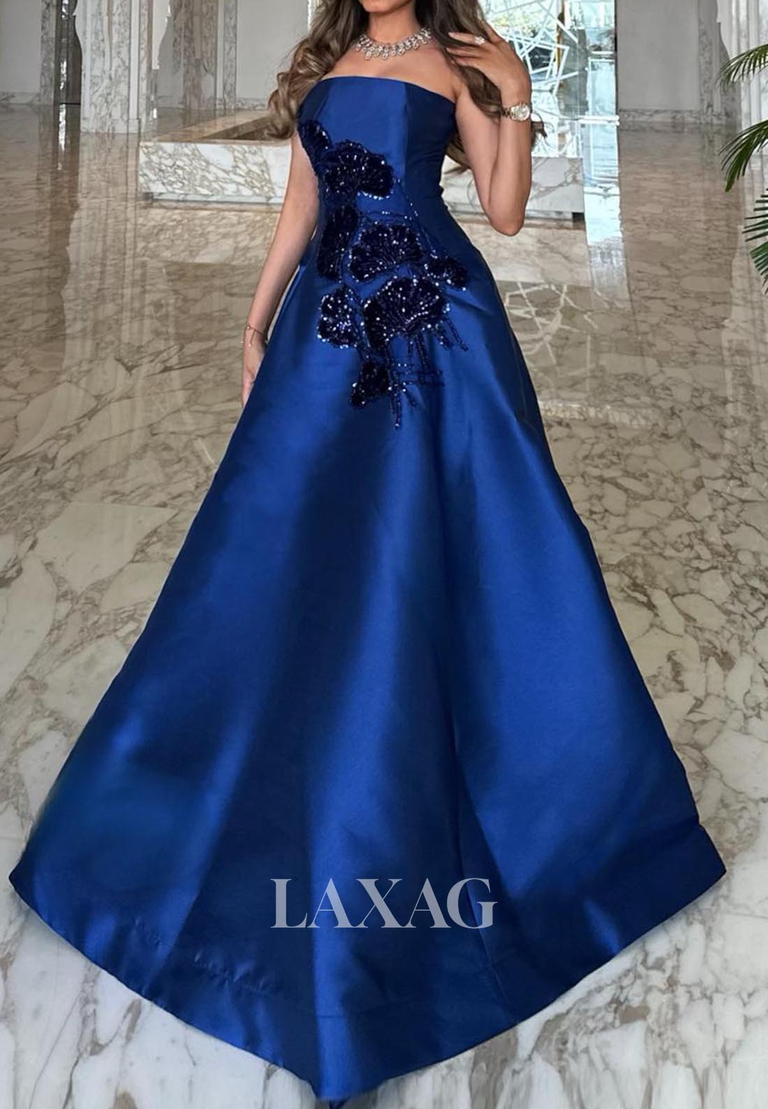 Tube Top Off-Shoulder Sleeveless Formal Gowns Sequined Satin Sweep Train A-Line Evening Dress